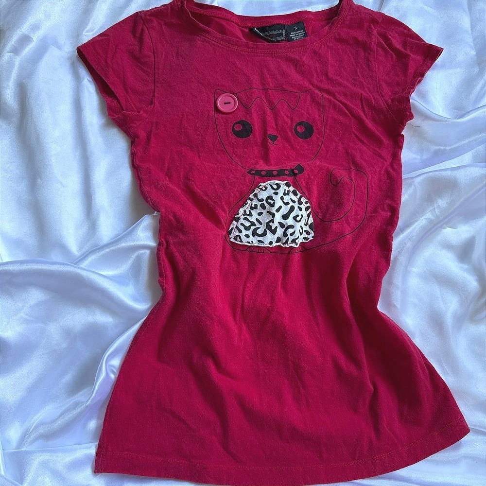 Sugar & Spice Pink Cat Graphic T-Shirt Leopard Print Applique Small Y2K Tee